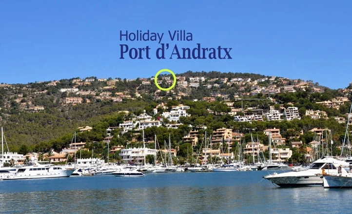 Puerto Andratx Villa view from port with logo smaller